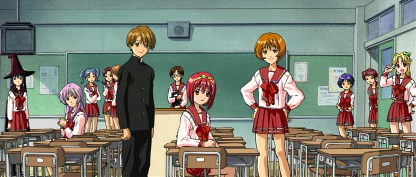 1boy, 6+girls, classroom, everyone, himekawa_kotone, hoshina_tomoko, kamigishi_akari, kurusugawa_serika, matsubara_aoi, matsumoto_(to_heart), miyauchi_lemmy, multiple_girls, nagaoka_shiho, okada_(to_heart), pleated_skirt, sakashita_yoshie, satou_masashi, school_uniform, serafuku, skirt, to_heart, to_heart_2, yoshii_(to_heart)