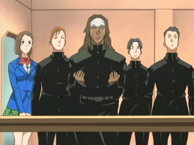 3girls, 4boys, ahoge, animated, animated_gif, black_hair, blazer, bow