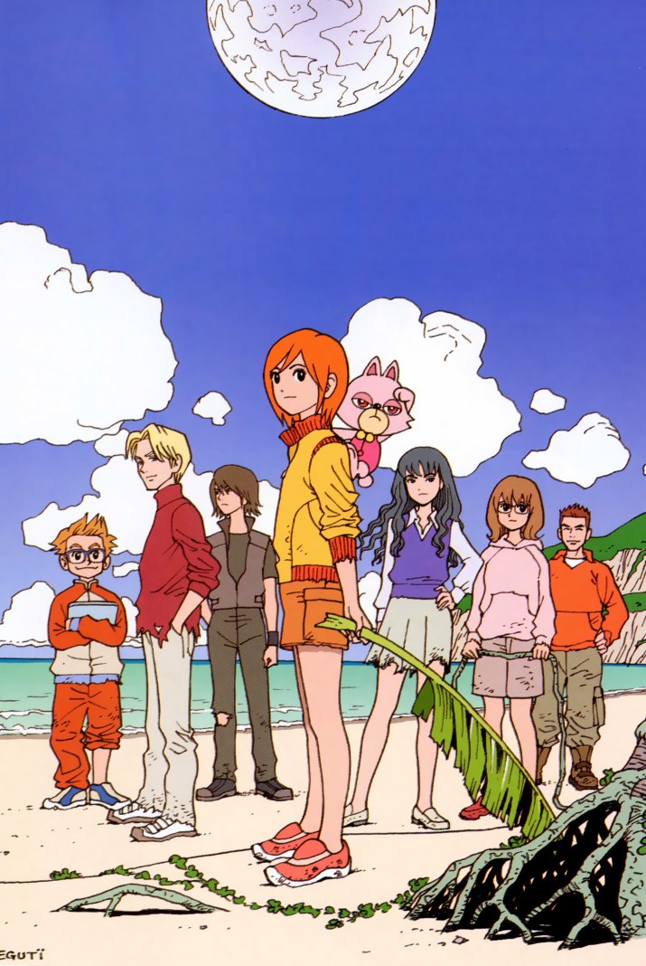 00s, 3girls, 4boys, beach, bell_(mujin_wakusei_survive), black_hair, blonde_hair, boots, brown_hair, chako_(mujin_wakusei_survive), clouds, computer, crossed_arms, everyone, furry, glasses, hand_on_hip, hands_in_pockets, hips, hood, hoodie, howard, jacket, kaoru_(mujin_wakusei_survive), laptop, leaf, lineup, long_hair, luna_(mujin_wakusei_survive), menori, menori_visconti, mujin_wakusei_survive, multiple_boys, multiple_girls, no_socks, orange_hair, outdoors, pants, piggyback, plant, pleated_skirt, sharla, shingo_(mujin_wakusei_survive), shoes, short_hair, shorts, signature, skirt, sky, sleeves_pushed_up, smile, sneakers, sweater_vest, torn_clothes, vest, vines, water, wavy_hair, wind, wristband