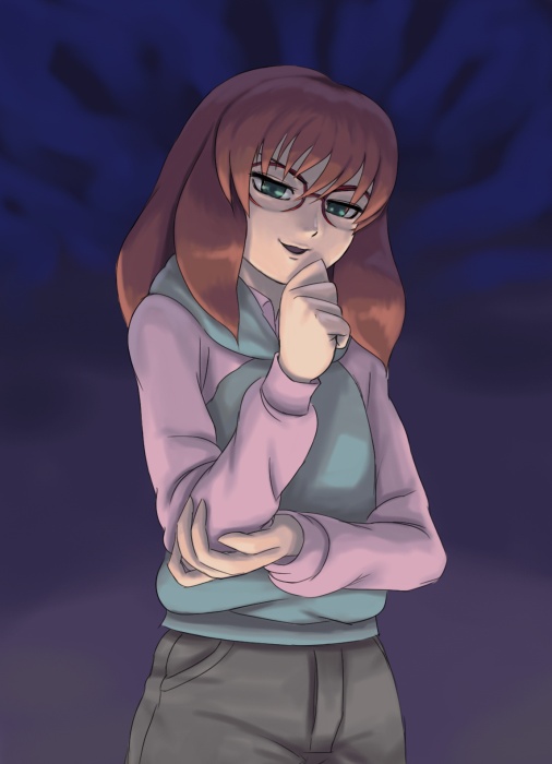 00s, 1girl, brown_hair, chin_rest, evil_grin, evil_smile, glasses, green_eyes