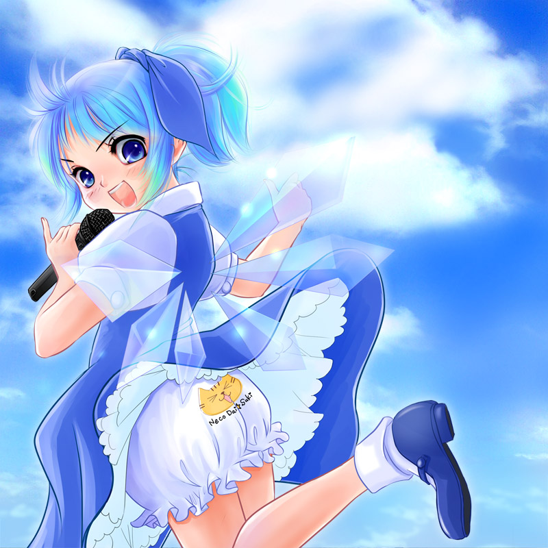 bloomers, cat, cirno, cloud, clouds, from_behind, kubozuka_pikurou, looking_back, microphone, ponytail, skirt, skirt_lift, slip_skirt, touhou, wind_lift, wings