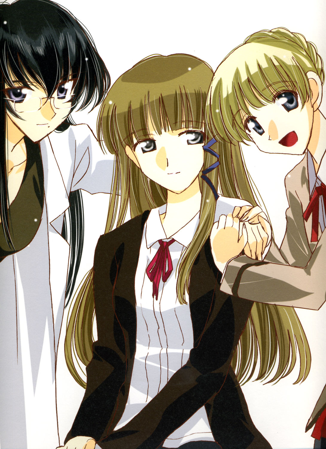 00s, 3girls, bangs, black_hair, blonde_hair, blue_eyes, glasses, highres