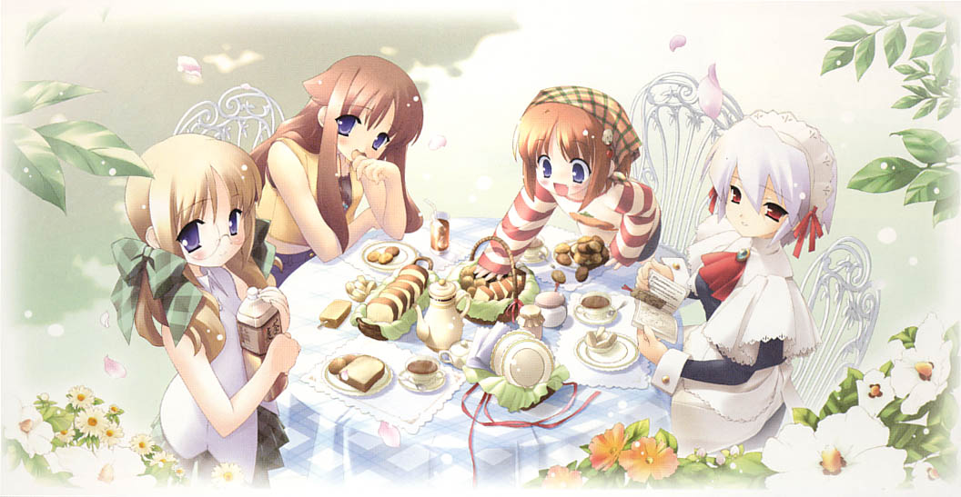 4girls, bandanna, basket, blonde_hair, blue_eyes, blush, book, bow