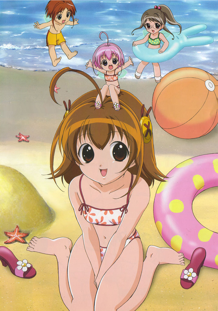 00s, 1boy, 3girls, ahoge, barefoot, beach, bikini, blue_eyes, brown_eyes, brown_hair, buttons, chibi, chicchana_yukitsukai_sugar, fairy, feet, glasses, green_eyes, grey_hair, innertube, large_buttons, minigirl, multiple_girls, official_art, pepper_(chicchana_yukitsukai_sugar), pink_hair, saga_bergman, salt_(chicchana_yukitsukai_sugar), sandals, shoes_removed, short_hair, starfish, sugar_(chicchana_yukitsukai_sugar), swimsuit, tankini, toes, wings