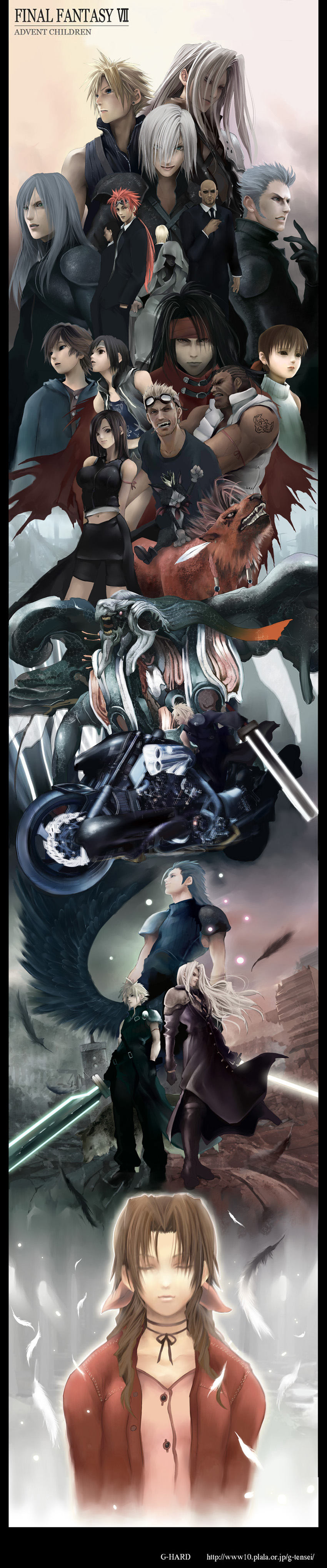 4girls, 6+boys, absurdres, aerith_gainsborough, bahamut_(final_fantasy), bahamut_shin, barret_wallace, cait_sith