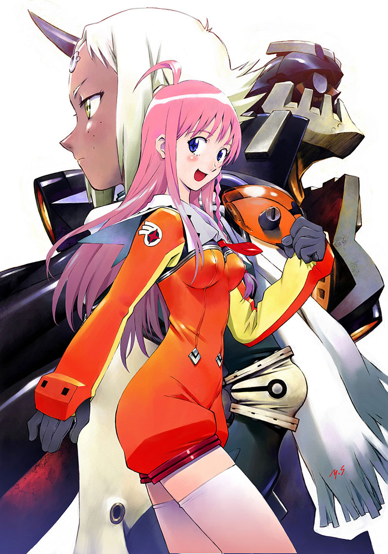2girls, ahoge, ascot, braid, dix-neuf, forehead_mark, gloves, lal'c_mellk_mal, mecha, multiple_girls, nono_(top_wo_nerae_2!), romper, sadamoto_yoshiyuki, sailor_collar, scan, scarf, thigh-highs, thumb_hole, top_wo_nerae_2!, white_legwear