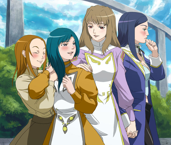 4girls, blue_eyes, blue_hair, blush, brown_hair, hand_holding, long_hair, maya_sawamura_anderson