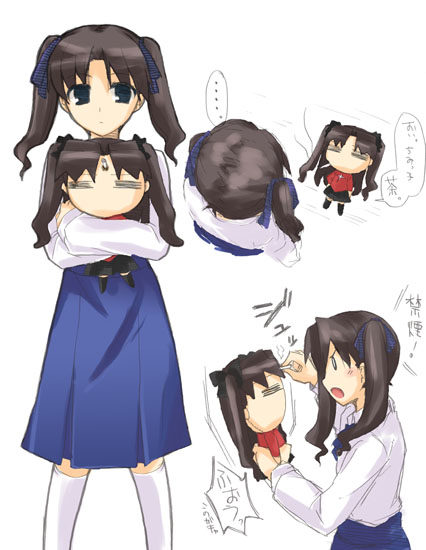 ..., 2girls, =_=, artoria_pendragon_(all), artoria_pendragon_(all)_(cosplay), black_hair, blue_eyes, chibi
