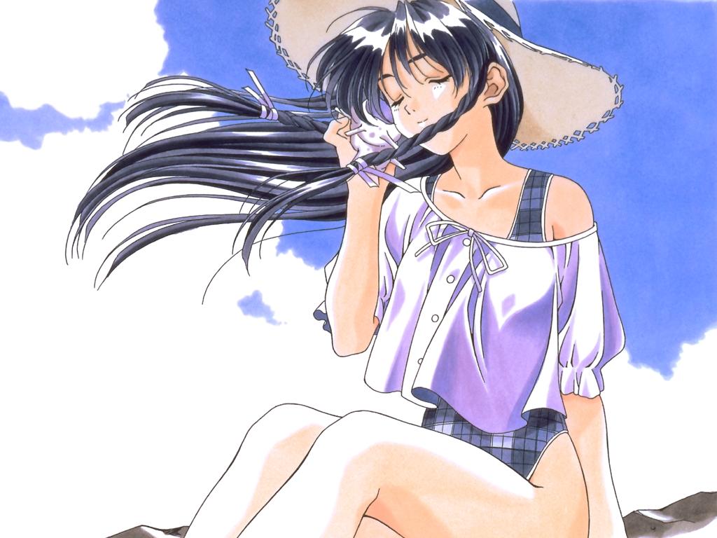1girl, 90s, black_hair, braid, casual_one-piece_swimsuit, closed_eyes, hat, kai_tomohisa