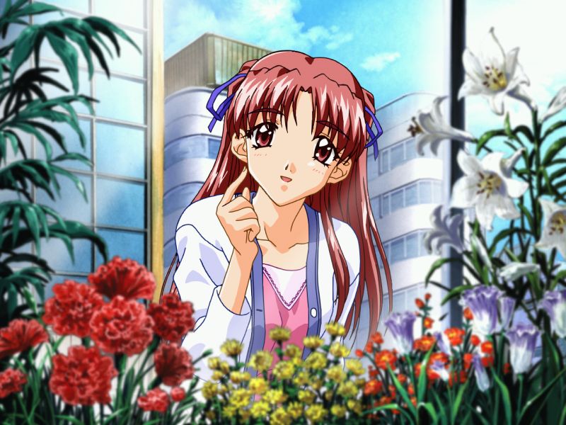 1girl, 90s, bangs, blue_sky, blurry, blush, brown_eyes, brown_hair