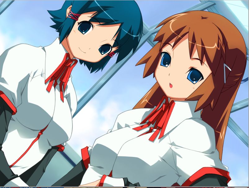 2girls, :o, blue_eyes, blue_hair, blue_sky, brown_hair, collared_shirt, dutch_angle, fushimi_yukari, game_cg, hair_ornament, hair_ribbon, hairclip, indoors, kawata_hisashi, long_sleeves, looking_at_viewer, multiple_girls, parted_lips, ribbon, routes, school_uniform, shirt, sky, smile, upper_body, white_shirt, window, yuasa_satsuki