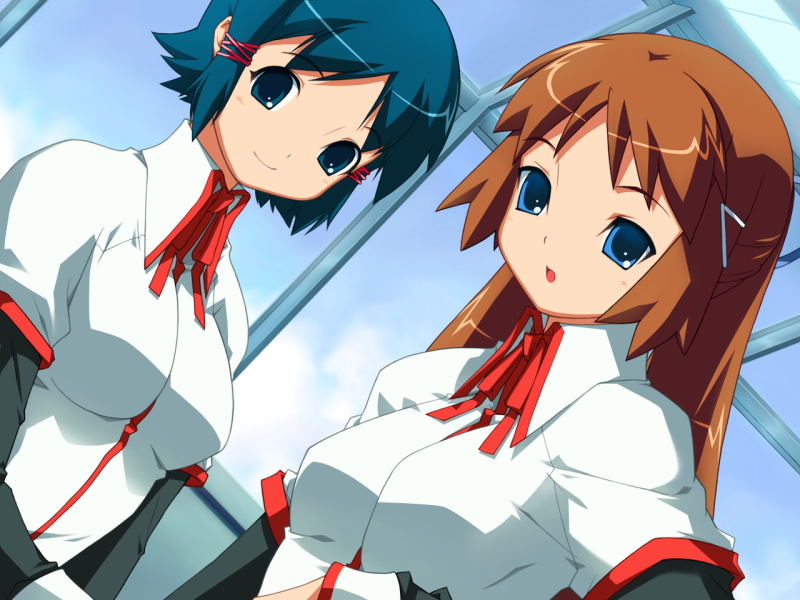 2girls, :o, blue_eyes, blue_hair, blue_sky, brown_hair, collared_shirt, dutch_angle