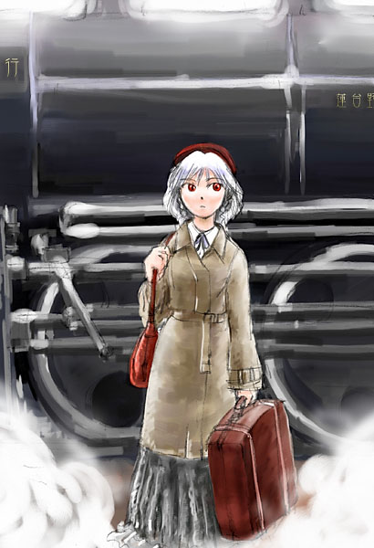 1girl, bag, coat, female, hat, izayoi_sakuya, locomotive, short_hair