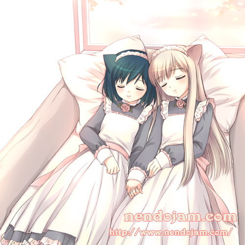 2girls, animal_ears, blonde_hair, cat_ears, closed_eyes, green_hair, hand_holding, long_hair