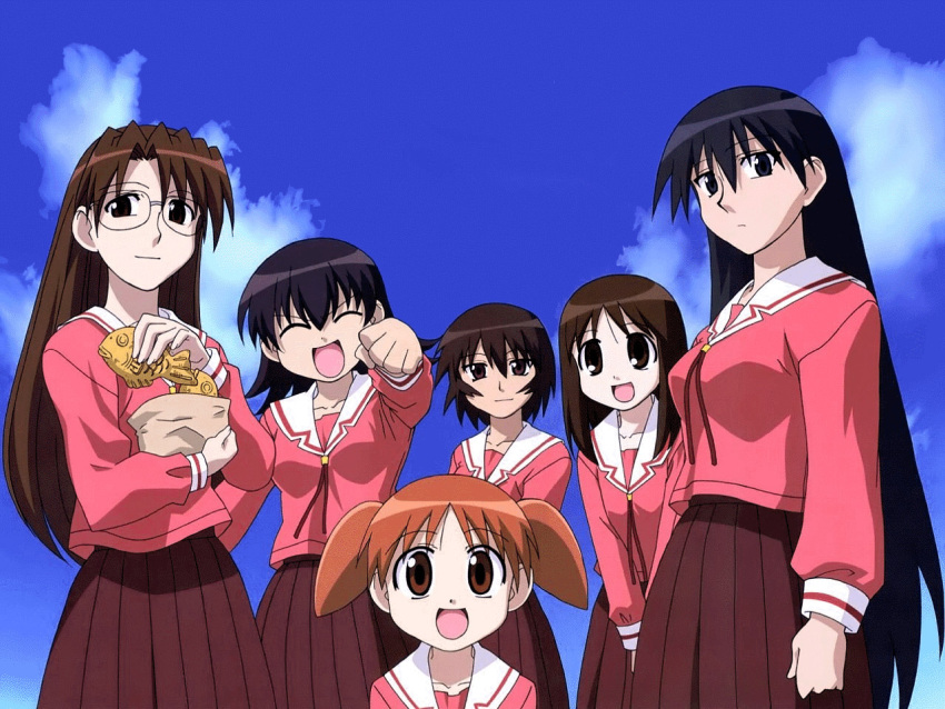 6+girls, azumanga_daioh, blue_hair, brown_eyes, brown_hair, child, everyone, glasses