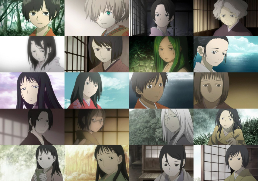 6+girls, age_difference, akoya_(mushishi), aqua_eyes, bangs, biki's_mother, black_eyes, black_hair