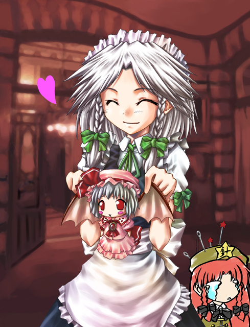 2girls, :x, apron, ascot, bat_wings, blush_stickers, bow, braid