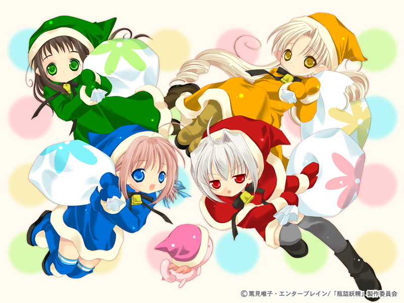 00s, 4girls, ahoge, bell, binzume_yousei, blonde_hair, blue_eyes, boots