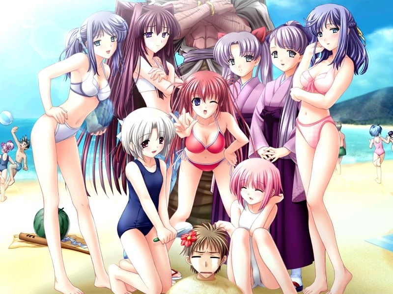 6+girls, beach, bent_over, bikini, blue_eyes, blush, breasts, cleavage, closed_eyes, crossed_arms, everyone, game_cg, green_eyes, haibara_kurumi, large_breasts, long_hair, mikage_niina, motegi_mika, motegi_yuka, multiple_girls, ocean, one_eye_closed, outdoors, pink_hair, ponytail, purple_hair, red_eyes, saishuu_shiken_kujira, short_hair, silver_hair, small_breasts, smile, swimsuit, tears, twintails, violet_eyes, water, wink, yumesaki_haruka