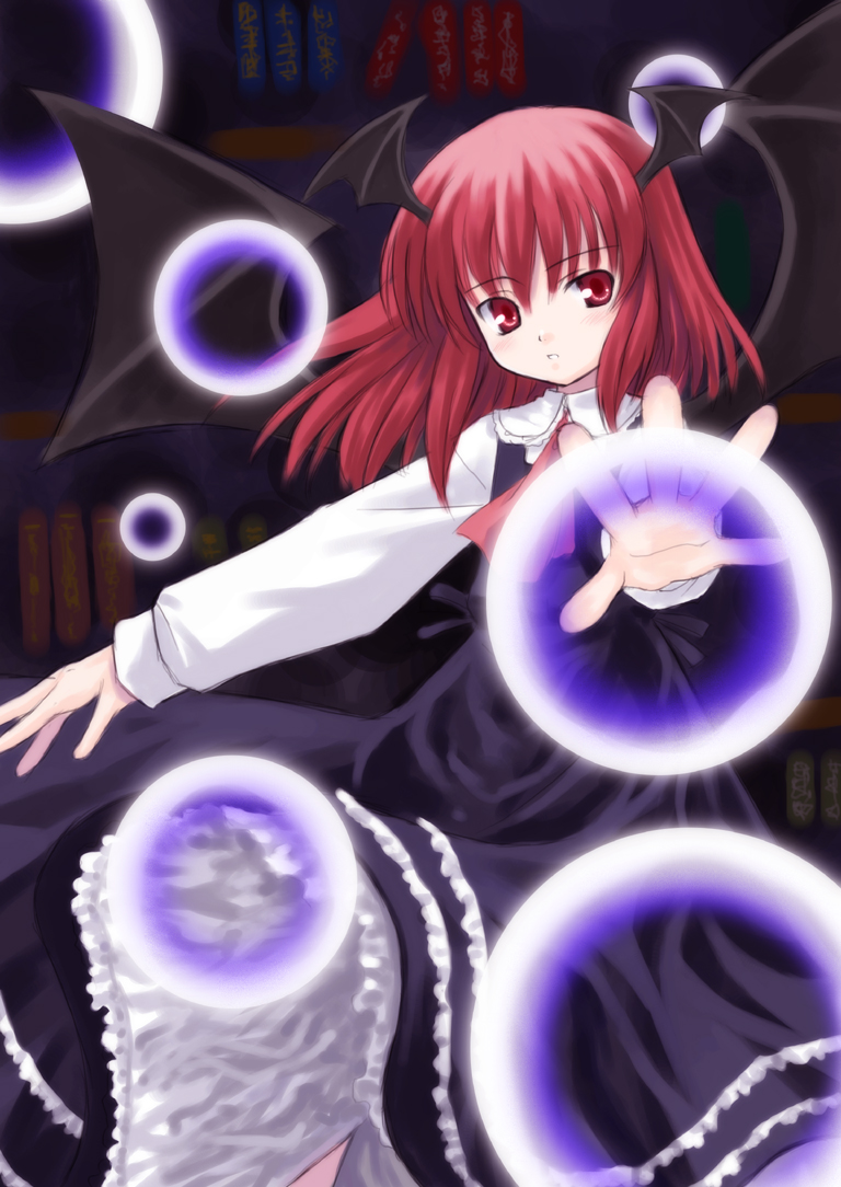 1girl, bat_wings, danmaku, female, head_wings, kagura_mizuki, koakuma, long_hair