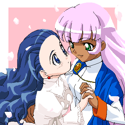 00s, 2girls, alternate_hairstyle, blue_eyes, blue_hair, dancing, dark_skin, earrings