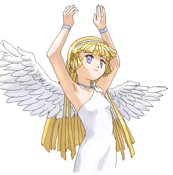 00s, angel, armpits, arms_up, blonde_hair, blue_eyes, bracelet, dress