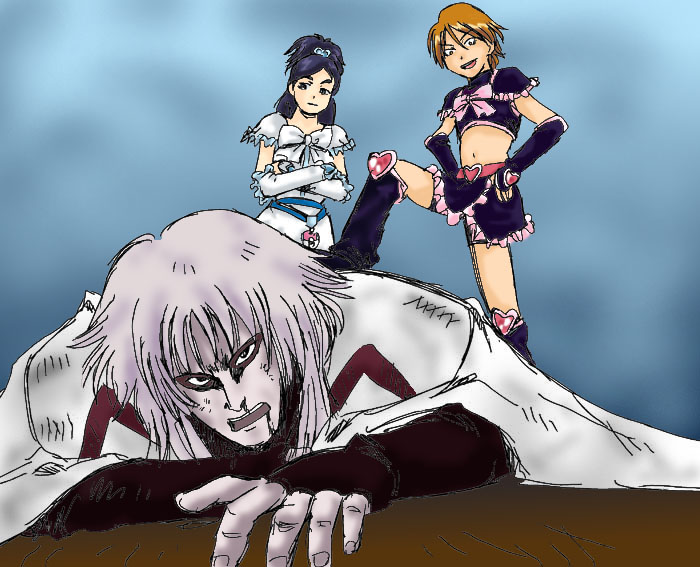 00s, 1boy, 2girls, black_boots, boots, brown_hair, cure_black, cure_white