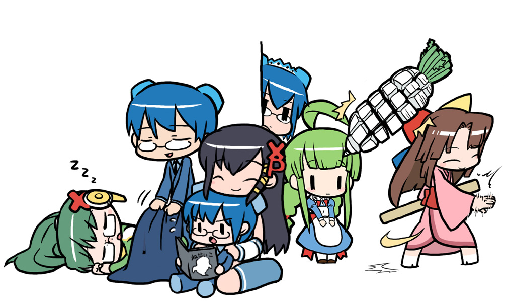 2boys, 2k-kun, 2k-tan, 5girls, 95-tan, ^_^, ahoge, apron