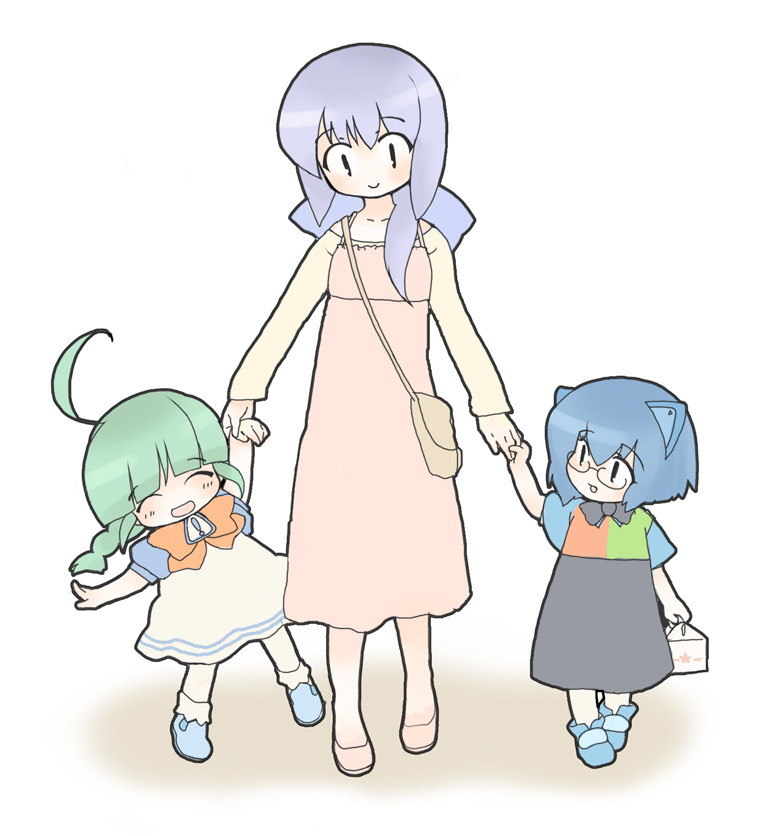 2k-tan, 3girls, :d, ^_^, ahoge, bag, blue_eyes, blue_hair
