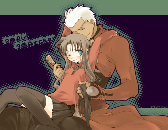 1boy, 1girl, archer, dark_skin, dark_skinned_male, fate/stay_night, fate_(series), height_difference