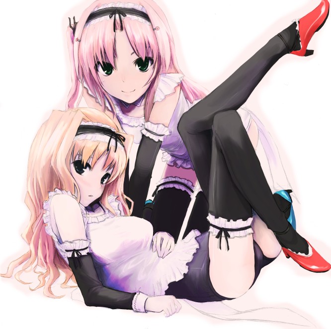 2girls, akahoshi_kenji, arm_garter, blonde_hair, detached_sleeves, garters, high_heels, kusugawa_sasara