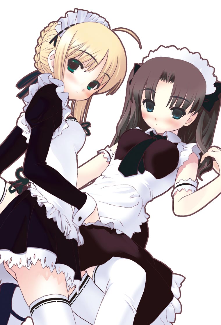 2girls, ahoge, apron, arm_garter, artoria_pendragon_(all), blonde_hair, fate/stay_night, fate_(series)