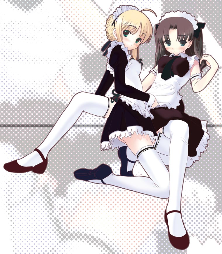2girls, ahoge, apron, arm_garter, artoria_pendragon_(all), blonde_hair, cute, fate/stay_night