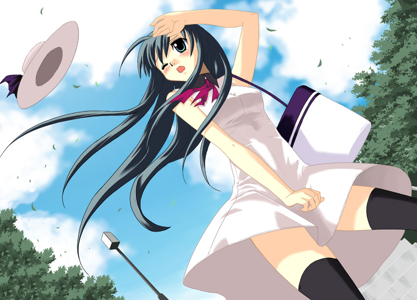 1girl, azuma_reiharu, dress, hat, original, sky, solo, thigh-highs