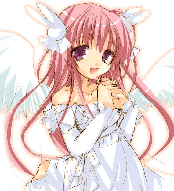 1girl, angel, animal_ears, bare_shoulders, bunny_hair_ornament, dress, espresso, hair_ornament, hands_clasped, long_hair, looking_at_viewer, misha, misha_(pita_ten), pink_hair, pita_ten, rabbit_ears, solo, tsukamichi_fumi, violet_eyes, white_dress, wings