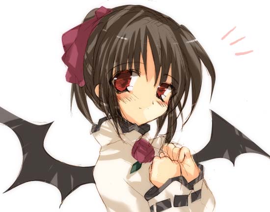 1girl, bat_wings, blush, brown_hair, demon, demon_girl, espresso, hands_on_own_chest, looking_at_viewer, pita_ten, red_eyes, shia, shia_(pita_ten), simple_background, solo, tsukamichi_fumi, upper_body, white_background, wings