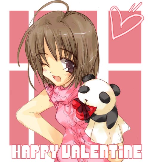 1girl, espresso, fang, hand_puppet, happy_valentine, heart, one_eye_closed, panda