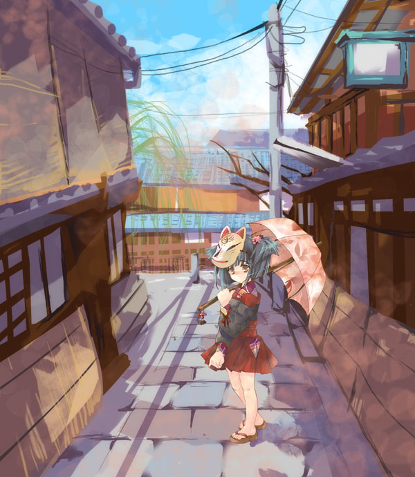 espresso, fox, fox_mask, mask, original, tsukamichi_fumi, umbrella
