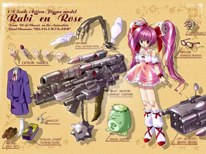 1girl, di_gi_charat, diagram, figure, gun, komatsu_eiji, majin_gappa, solo, usada_hikaru, weapon