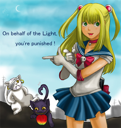 1girl, amane_misa, apple, artemis_(sailor_moon), artemis_(sailor_moon)_(cosplay), bishoujo_senshi_sailor_moon, black_cat, blonde_hair