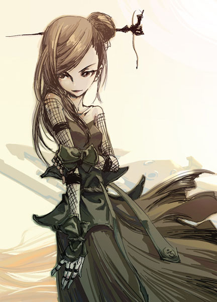 1girl, dress, fishnets, gothic, hair_bun, hair_ornament, ikaruga, kagari_(ikaruga), monochrome, skirt, solo, yellow