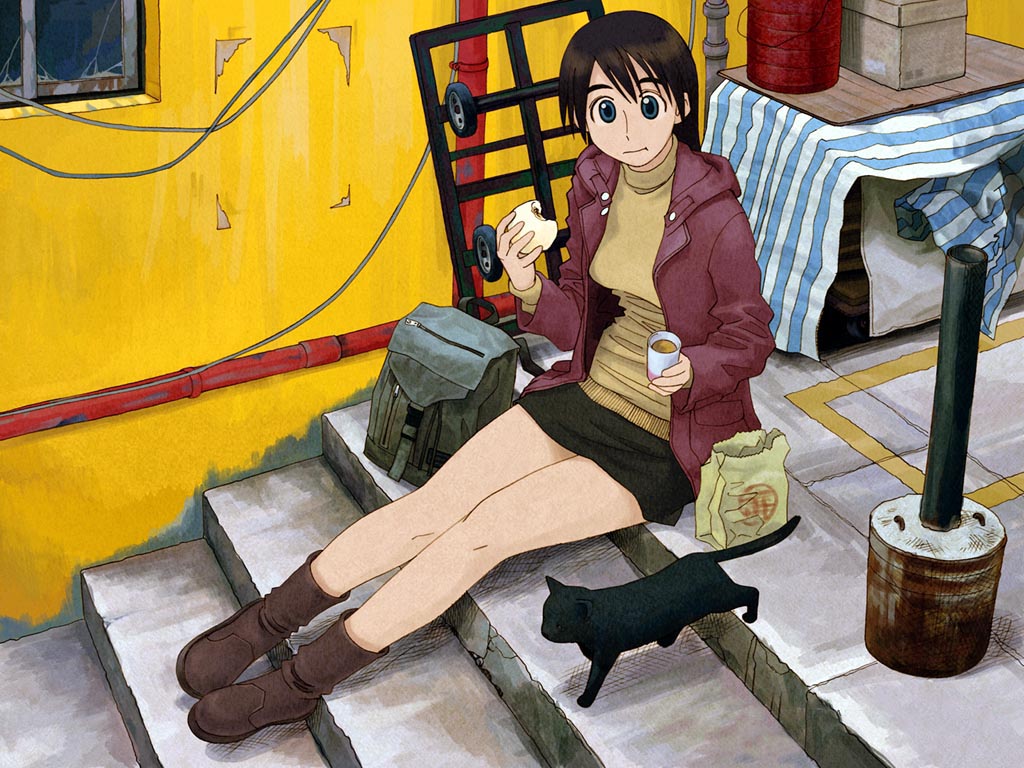 1girl, afternoon_(magazine), azuma_kiyohiko, bag, brown_hair, cat, cup, eating, food, miniskirt, pencil_skirt, short_hair, sitting, skirt, solo, stairs, wallpaper