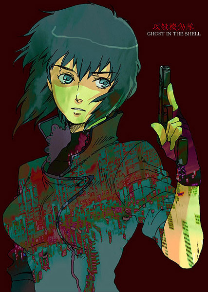1girl, blue_eyes, blue_hair, breasts, coat, fingerless_gloves, ghost_in_the_shell, gloves, gon, gun, handgun, kusanagi_motoko, looking_away, pistol, solo, upper_body, weapon
