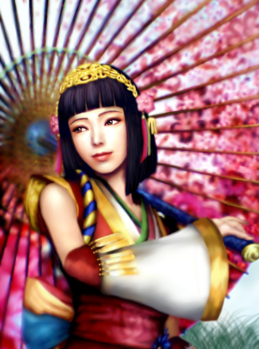 black_hair, brown_eyes, hair_ornament, highres, nawo, okuni, oriental_umbrella, sengoku_musou