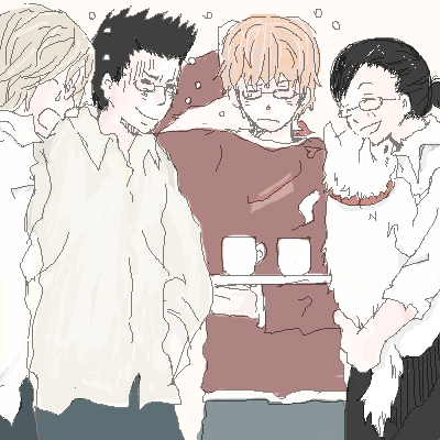1girl, 3boys, dog, honey_and_clover, leader, lowres, mayama_takumi, multiple_boys, nomiya_takumi, takumi_nomiya, teapot, teshigawara_miwako, yamazaki_kazushi