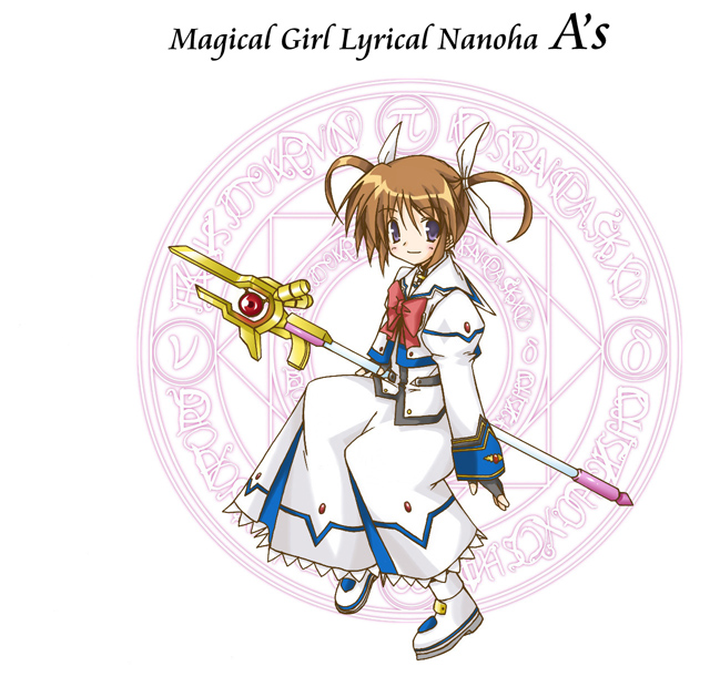 1girl, blue_eyes, blush, boots, bow, brown_hair, copyright_name, fingerless_gloves, full_body, gloves, hair_ribbon, looking_at_viewer, lyrical_nanoha, magazine_(weapon), magic_circle, magical_girl, mahou_shoujo_lyrical_nanoha, mahou_shoujo_lyrical_nanoha_a's, polearm, raising_heart, red_bow, redhead, ribbon, sitting, skirt, smile, solo, takamachi_nanoha, twintails, violet_eyes, weapon, yukino_kou