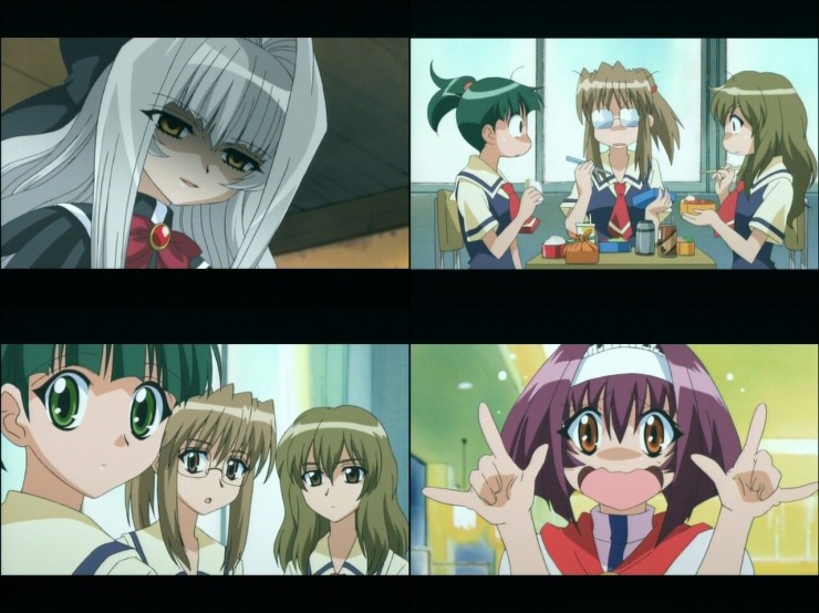 5girls, \m/, brown_eyes, brown_hair, eating, glasses, green_eyes, green_hair