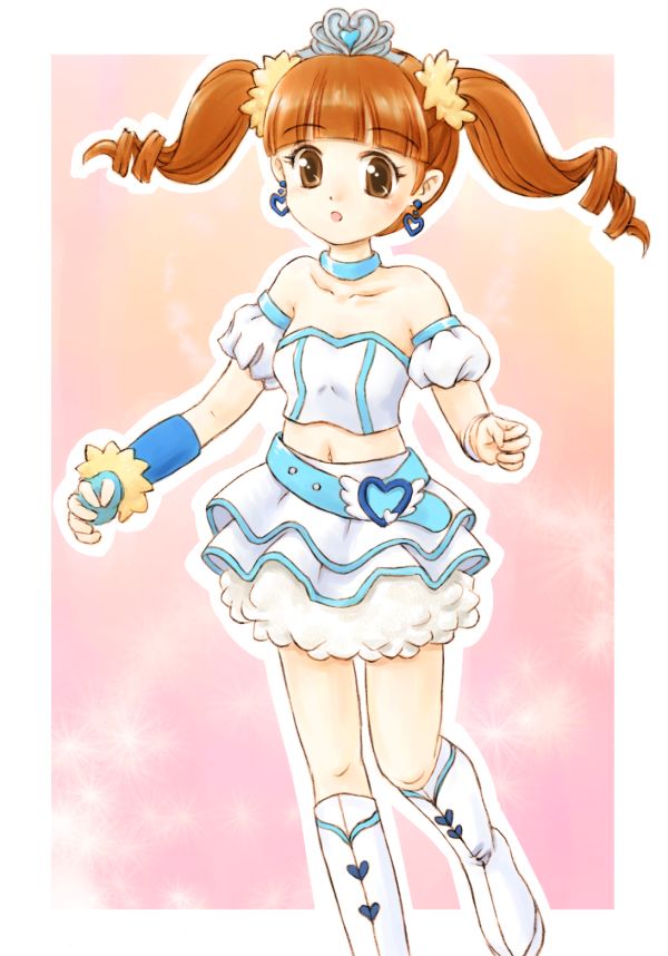 1girl, :o, arm_warmers, armlet, asiaaqua, blush, boots, brown_eyes, brown_hair, earrings, fingerless_gloves, fur_trim, gloves, hairband, heart, heart_earrings, jewelry, knee_boots, navel, onegai_my_melody, parted_lips, pink_background, short_hair, simple_background, skirt, solo, tiara, white_boots, white_skirt, yumeno_uta
