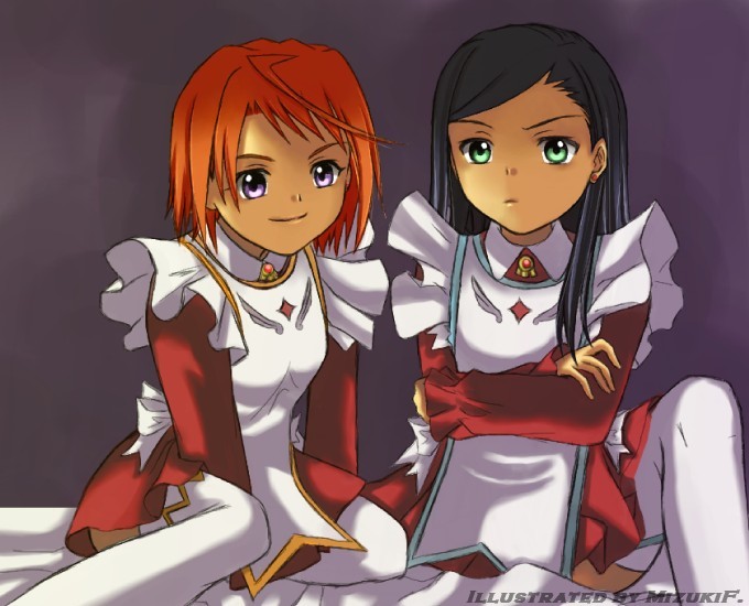 2girls, ahoge, angry, apron, bangs, bed, black_hair, crossed_arms