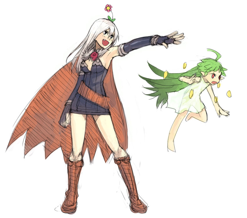 2girls, alchemist, alchemist_(ragnarok_online), black_gloves, boots, bridal_gauntlets, cape, dress, elbow_gloves, fang, flower, flower_on_head, gloves, green_hair, knee_boots, lif, lif_(ragnarok_online), multiple_girls, outstretched_arm, ragnarok_online, sundress, white_hair, yu_65026